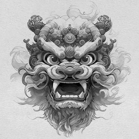 Foo Dog Illustration, Female Foo Dog Tattoo, Perro Fu Tattoo, Chinese Dog Tattoo, Japanese Fu Dog Tattoo Design, Foo Dog Drawing, Fu Dog Tattoo Design, Fu Dog Tattoo, Asian Drawings