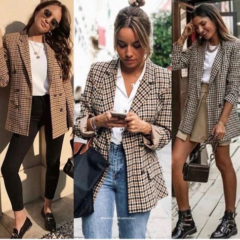 Beige Checked Blazer Outfit, Beige Plaid Jacket Outfit, Brown Plaid Blazer Outfit Work, Brown Checkered Blazer Outfit, Blazer Cuadros Outfit, Herringbone Blazer Outfit Women, Brown Houndstooth Blazer Outfit, Brown Plaid Blazer Outfit, Plaid Jacket Outfit