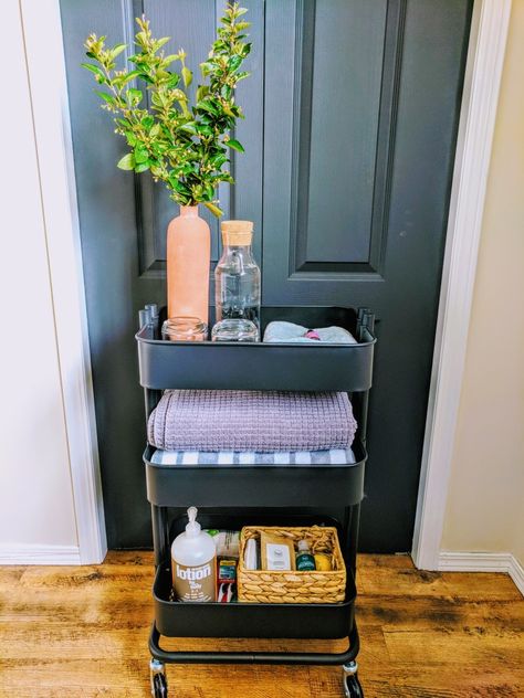 Ikea Raskog cart for the guest bedroom Ikea Cart Living Room, Trolley Cart Ideas Bedroom, Guest Bathroom Cart, Bathroom Cart Decor, Guest Bedroom Cart, Guest Room Cart, Storage Cart Ideas Bedroom, Bathroom Cart Organization, Cart As Nightstand