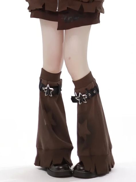 Brown / Gray Star Buckles Leg Warmers Stars Fashion, Edgy Black Leg Warmers For Cosplay, Leg Warmers Brown, Fitted Harajuku Style Leg Warmers For Cosplay, Acubi Leg Warmers, Brown Clothes Aesthetic, Fairy Grunge Leg Warmers, Fur Leg Warmers, Grunge Fits