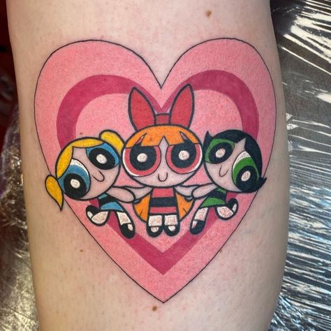 Cartoon Tattoos Women, Oldies Tattoo Ideas, Oldies Tattoo, Power Puff Girls Tattoo, Powerpuff Girls Tattoo, Taco Tattoos, Filter Tattoo, Buttercup Tattoo, Tattoos Cartoon