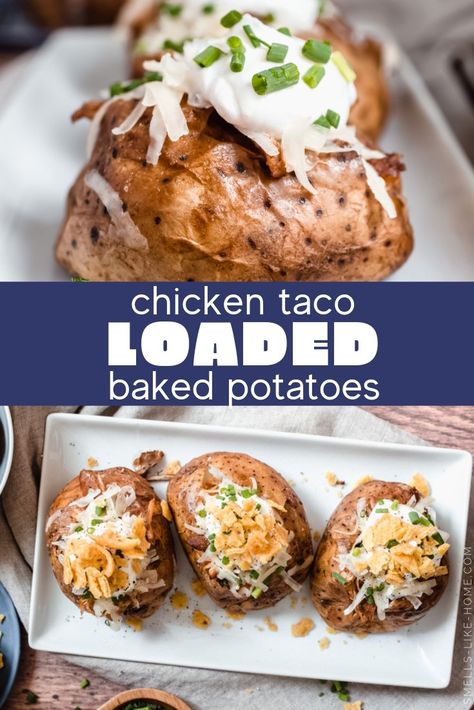 Chicken Taco Loaded Baked Potatoes: Stuffed high with instant pot shredded taco chicken, cheese, sour cream, and crushed Fritos, these loaded baked potatoes are an awesome light dinner! #loaded #bakedpotato #instantpot #taco #chicken Baked Potatoes With Chicken, Shredded Taco Chicken, Taco Twist, Potatoes Stuffed, Taco Chicken, Chicken Potato Bake, Best Baked Potato, Perfect Baked Potato, Making Baked Potatoes