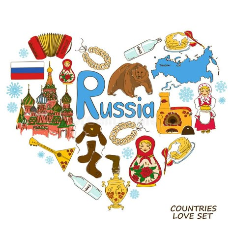 Russian symbols in heart shape concept. Colorful sketch collection of Russian sy #Sponsored , #affiliate, #Paid, #heart, #Russian, #collection, #shape Russian Symbols, European Day Of Languages, Country Heat, Travel Background, Geography For Kids, Love Country, Greeting Card Box, Greeting Card Craft, Cultural Festival