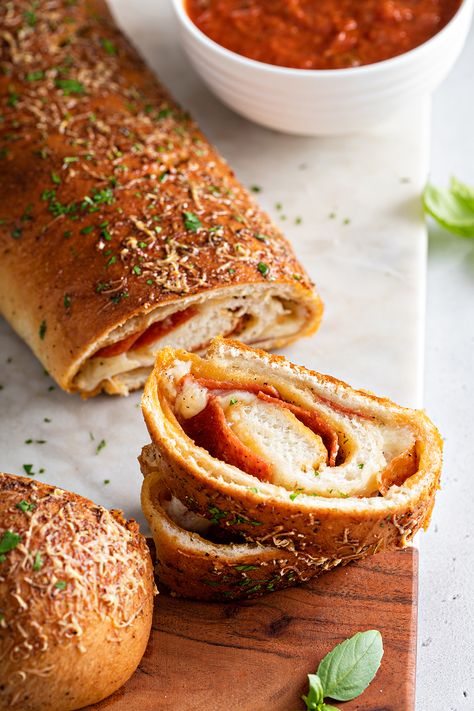 Made with frozen bread dough, this Pepperoni Bread is an easy and fun recipe to make. Serve it as an appetizer or as an entree alongside a big salad for a fun take on pizza night. Pepperoni Bread Recipe, Baked Potato Dip, Pepperoni Bread, Pizza Bread Recipe, Bread Recipe Video, Pepperoni Rolls, Homemade Appetizer, Frozen Bread Dough, Baking Basics