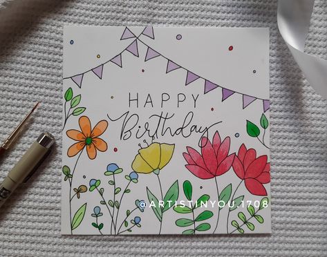 Flower Doodling, Birthday Card Drawing, Birthday Thank You Cards, Cute Birthday Cards, 22nd Birthday, Card Drawing, Fun Easy Crafts, Flower Doodles, Birthday Thank You