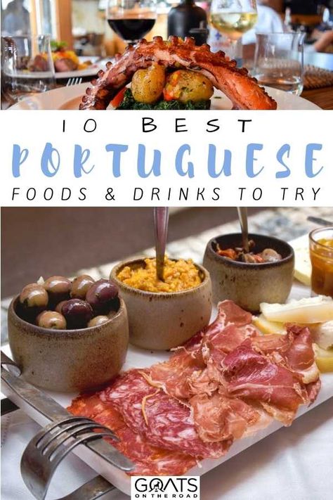 Wondering what to eat during your trip to Portugal? Here are 10 best Portuguese foods & drinks to try from around the country! From traditional Portuguese food to fun foodie experiences, we've rounded up some incredible dishes! | #TravelTips #TraditionalFood #WhatToEat Traditional Portuguese Cuisine, Portugese Food Traditional, Portuguese Easter Recipes, Portuguese Food Traditional, Portugal Appetizers, Portuguese Appetizer Recipes, Portuguese Charcuterie Board, Portuguese Empanadas, Portuguese Side Dishes