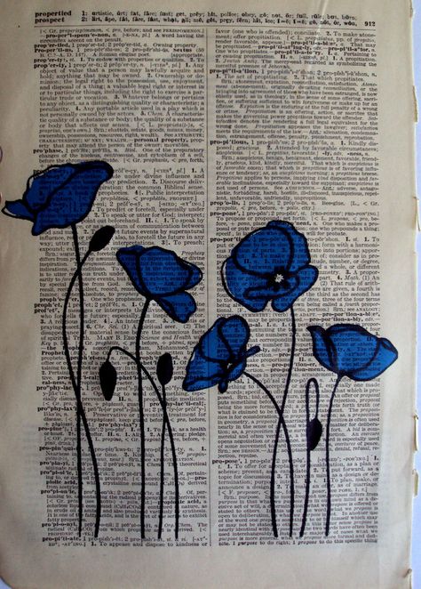 Blue Poppies Blue Poppies, Newspaper Art, Book Page Art, Dictionary Art, Art Et Illustration, Old Book, Art And Illustration, Book Page, Art Journals