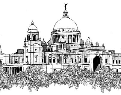 Victoria Memorial Kolkata Illustration, Victoria Memorial Sketch, Victoria Memorial Drawing, Victoria Memorial Kolkata Sketch, Architecture Sketching, Victoria Memorial, Whimsical Art Journal, Bengali Art, Illustration Architecture