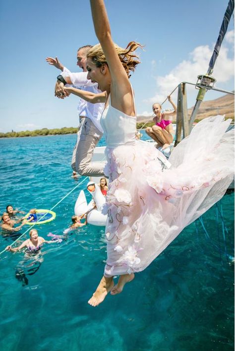 Trash the dress photoshoot in Maui, Hawaii aboard Trilogy's sailing catamaran. #trashthedress #weddingdress #weddingatsea #boatwedding Marina Wedding, Hotel Ideas, Yacht Wedding, Boat Wedding, Bridal Events, Dress Photoshoot, Ocean Wedding, Boat Decor, Wedding Elements