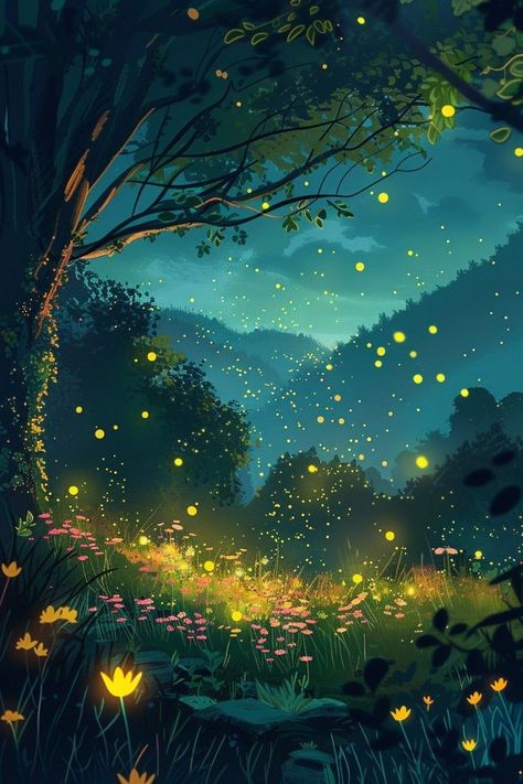 Garden At Night Illustration, Lighting Bugs Fireflies, Firefly Meaning, Fireflies Drawing, Night Forest Illustration, Fireflies Aesthetic, Fireflies Illustration, Firefly Illustration, Firefly Wallpaper