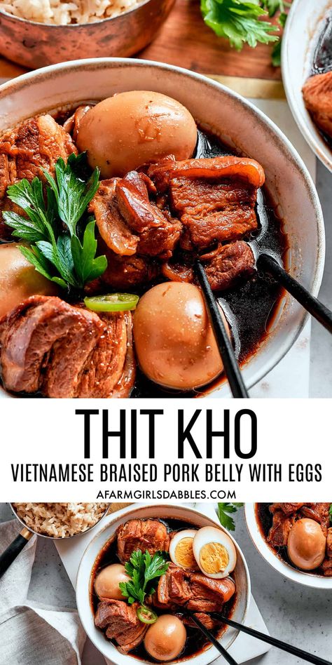 This Thit Kho recipe features tender braised pork belly and hard boiled eggs in a flavorful caramelized coconut sugar sauce. A traditional sweet-and-savory Vietnamese comfort food dish that's easy to make at home! Vietnamese Pork Belly And Eggs, Vietnamese Braised Pork Belly, Vietnamese Braised Pork And Eggs, Kakuni Pork Belly, Braised Pork Belly Recipes, Vietnamese Pork Belly, Pork Belly And Eggs, Baked Pork Belly, Thit Kho Recipe