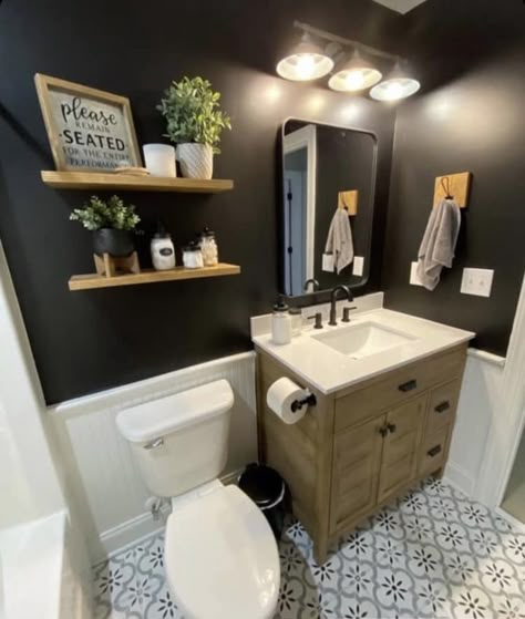 Industrial Farmhouse Half Bath, Hip Bathroom Ideas, Dark Wall In Bathroom, Dark And Moody Small Bathroom, Black Ceiling Small Bathroom, Bathroom With Wall Panels, Brown Wall Bathroom, Two Toned Bathroom, Small Bathroom Dark Walls