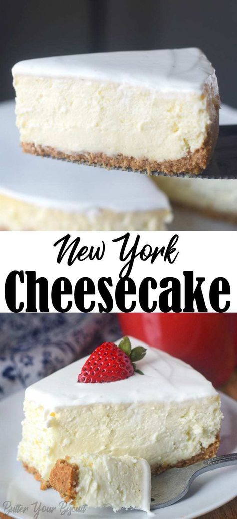 New York cheesecake has a buttery crust, topped off with a rich and creamy filling. Finished with a sweet sour cream on top.