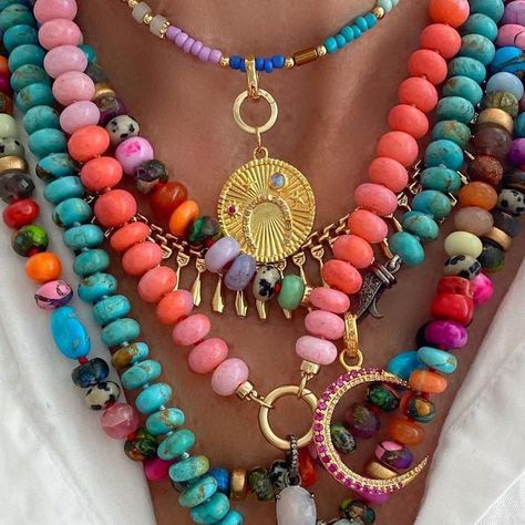 Kathleen Mancini on Instagram: "✨✨AVAILABLE ✨✨ Here’s a mid-week “pick me up” bursting with color! Who else needs some color therapy today? 🙋🏼‍♀️ Featured today: ☑️DINA colorful glass bead necklace ☑️TARYN 14k gold diamond horseshoe radiant disk pendant with Ruby and opal accent ☑️POPROCKS N°2 colorful mixed gemstone open loop necklace ☑️ISADORA Kingman turquoise rondelle hand knotted open loop hand knotted necklace ☑️POPROCKS N°4 colorful mixed shape gemstone open loop hand knotted necklace ☑️CHARLOTTE flamingo opal hand knotted open loop necklace ☑️HALLEY ruby and diamond vermeil crescent moon pendant ☑️BIANKA opal and diamond flower pendant ☑️PILAR sleeping beauty turquoise and diamond cross pendant 👉🏻swipe for closeups 💌dm with questions 🤏🏻tap the pics for links to purc Colorful Beaded Pendant Necklace, Colorful Beads Pendant Necklace, Unique Colorful Beaded Pendant Jewelry, Glass Bead Necklace Ideas, Unique Colorful Beaded Pendant Necklace, Colorful Necklace, Opal Beads Necklace, Multicolor Polished Bead Pendant Jewelry, Knotted Gemstone Necklace