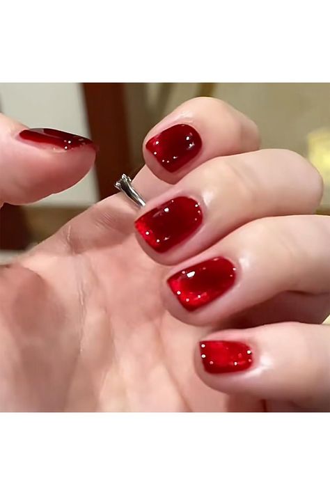 NAILKISS Blood Red&amp;Wine Red Magnetic Cat Eye Gel Polish Ruby Cat Eye Nails, Red Cats Eye Nails, Red Magnetic Nails, Red Cat Eye Nails Design, Red Cateye Nails, Red Jelly Nails, Red Cat Eye Nails, Cny Nails, Comidas Fit