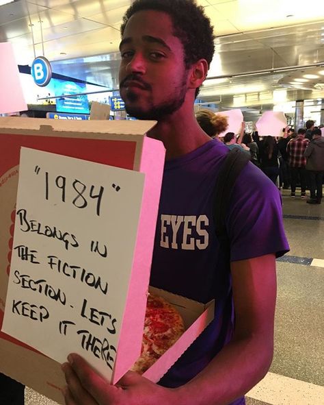 "1984" belongs in the fiction section - let's keep it there. (Alfred handed out this pizza to hungry protestors) #protest #nobannowall #lax Princess Switch, Alfred Enoch, Grey's Anatomy Doctors, Jack Falahee, Dean Thomas, Ian Wright, Second Best, Light Of My Life, Best Relationship