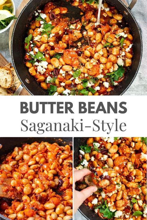 Mediterranean comfort food at its finest! This butter beans saganaki is a hearty, vegetarian twist on the Greek classic. Imagine tender butter beans simmered in a rich tomato sauce with garlic, herbs, briny olives, and creamy feta—yes, it’s as delicious as it sounds! Perfect with crusty bread to soak up all that goodness, and easy enough for a weeknight dinner. Save this recipe for a cosy meal that’s sure to become a new favourite! via @irena_macri Lima Beans And Shrimp Recipe, Shrimp Saganaki, Saganaki Recipe, Healthy Skillet Meals, Greek Shrimp, Butter Beans Recipe, Mediterranean Breakfast, Seasoned Butter, Bean Recipe