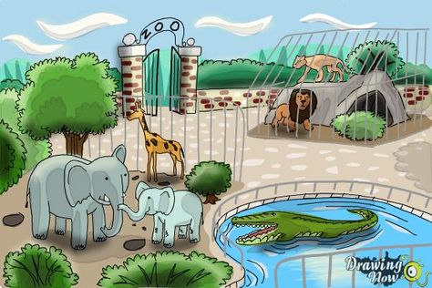 How to Draw a Zoo - Step 11 A Day At The Zoo Drawing, Zoo Drawing Ideas, Cute Zoo Animal Drawings, Zoo Drawing Sketch, Zoo Drawing Easy, Zoo Drawing For Kids Easy, Zoo Drawing For Kids, Zoo Doodles, Zoo Animals Drawing