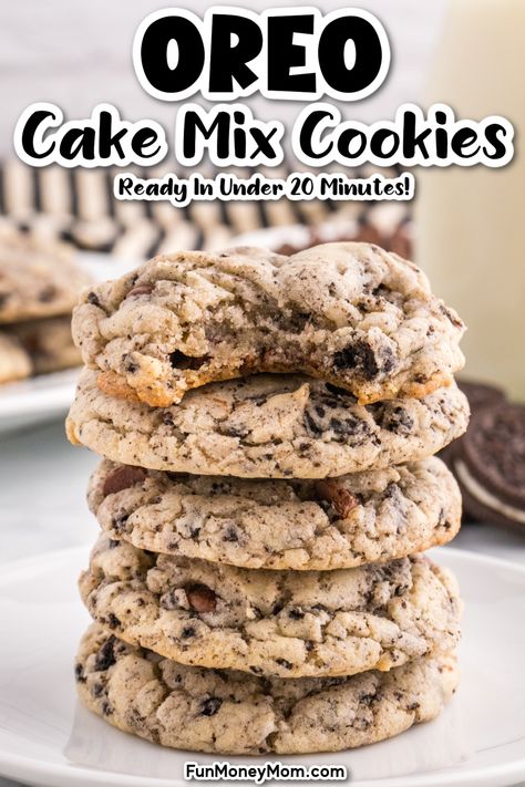 These delicious Cake Mix Oreo Cookies are loaded with chocolate chips and crushed Oreo cookies for chocolatey goodness in every single bite! Oreo Cake Cookie Recipes, Cake Batter Oreo Cookies, Cookie Cake Box Recipe, Oreo Cake Mix Dessert, Vanilla Cake Box Cookies, Oreo Pudding Mix Recipes, Cake Mix Cookie Sandwiches, Cookies And Cream Cookies With Box Cake, Cookies And Cream Cake Mix Cookies