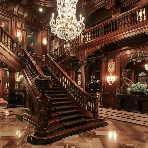 Victorian Mansion Foyer, Beverly Hills Mansion Interior, Old English Mansion Interior, Grand Foyer Staircase, Dark Wood Mansion, British Mansion Interior, Old Timey Mansion, Historic Mansion Interior, Grand Wooden Staircase