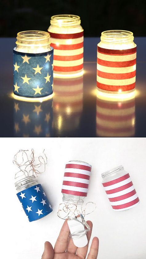 Mason Jar Center Piece, Mason Jar Center, Labor Day Crafts, Mason Jar Light Fixture, Mantle Decorations, July 4th Party, Mason Jar Light, Mason Jar Lights, 4th Of July Photos