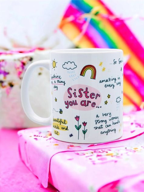 Sister mug, with illustrated quotes and sayings on. Unique gift for sister Sister Mugs, Sister Christmas Gift, Sister Mug, Feel Better Gifts, Birthday Gift For Sister, Sister Birthday Gift, Christmas Gifts For Sister, Sister Christmas, Positive Gift