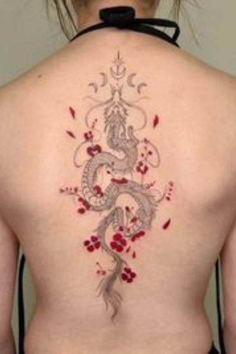 Back Dragon Tattoos For Women, Red Ink Dragon Tattoo Back, Fox Spine Tattoo, Dragon Spine Tattoos For Women, Dragon Spinal Tattoo, Spine Tattoos For Women Dragon, Spine Tattoo Dragon, Feminine Back Tattoos Full, Dragon With Flowers