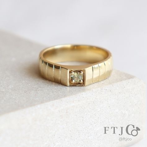 We recently introduced this ring named Logan, because we were hankering for a gem-set wide band with a masculine look and feel. It's been fun seeing how each client who picks a Logan ring makes it their own, from changing up the texture of the ring, the width, and choice of gem. This Logan has been customized with hand-engraved lines for a dashing part-quilted, part-reptile effect. 💎🐍💪 . This is a 5 mm Logan Solitaire customized with the addition of hand engraved lines. It's made in our 18K A... Masculine Diamond Ring, Masculine Engagement Ring, Masc Engagement Ring, Masculine Engagement Rings, Masculine Rings, Lesbian Engagement Ring, Wide Engagement Ring, Leo Ring, Masc Women