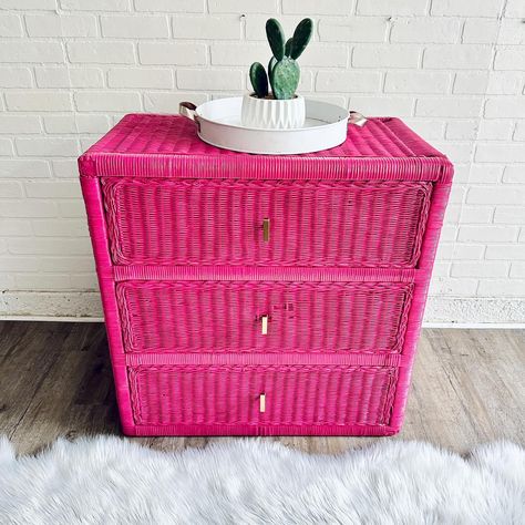 $225 Hot Magenta Pink Wicker Dresser Smaller than a tall dresser but bigger than a nightstand Some cosmetic wear Delivery $75 to Austin | $50 to Cedar Park | $30 to Leander Wicker Dresser, Tall Dresser, Vintage Wicker, Magenta Pink, 80s Vintage, Austin Texas, First Photo, Vintage Furniture, Austin