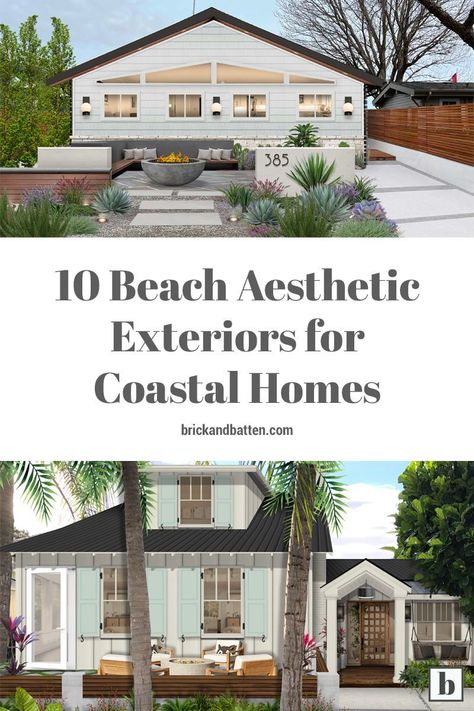 Coastal homes can be found in various areas throughout the United States, from New England to the Pacific Northwest to Florida’s Gulf Coast. Here, we’ve put together a roundup of some of our favorite coastal home designs with a beach aesthetic to inspire you. #brickandbatten #beachaesthetic #coastalhome #coastalhomes #coastalhomedesign Beach Bungalows Exterior, Beach Bungalows Coastal, Beach House Exterior Colors Florida Coastal Cottage, Beach House Siding Colors, California Beach Cottage Exterior, Gray Coastal Home Exterior, Coastal Transitional Exterior, Coastal Stone House Exterior, Pacific Northwest Coastal Style