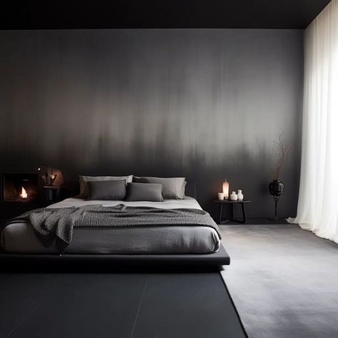 Black And Grey Bedroom Ideas, Ombre Bedroom, Ombre Painted Walls, Grey Bedroom Paint, Master Bed Ideas, Metallic Paint Walls, Monochromatic Scheme, Black And Grey Bedroom, Wolf Winter