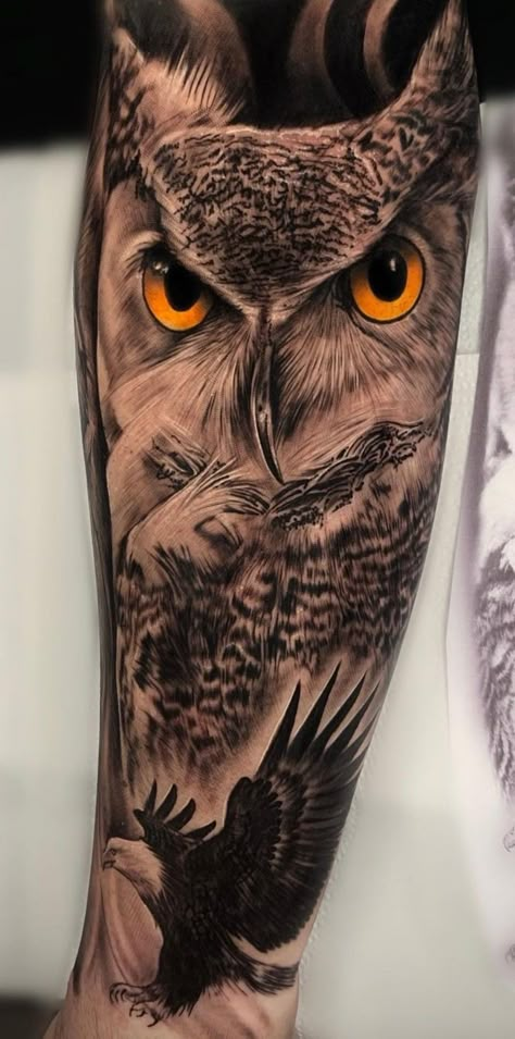 Lion Owl Tattoo, Owl Tattoo Sleeve Mens, Owl And Eagle Tattoo, Eagle Tattoo Ideas For Men, Owl Arm Tattoo, Owl Tattoo Men, Owl Forearm Tattoo, Mens Owl Tattoo, Owl Tattoo Sleeve