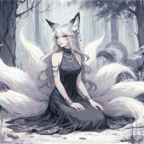 Ahri, the nine-tailed fox in snow white colors Complete and full resolution can be bought on DeviantArt from my bio links! #kitsuneart #fantasyart #digitalpainting #animeartwork #foxgirl #yokaiart #mysticalart #forestspirit #monochromeart #japanesemythology #fantasyillustration #conceptart #spiritualart #magicalforest #animestyle #foxspirit #ai #aiart #aiartcommunity #snowwhite Female Nine Tailed Fox Art, Fantasy Kitsune Art, Foxgirl Kitsune Art, White Hair Kitsune, Kitsune Human Form, Anime Fox Woman, Kitsune Girl Art, Male Kitsune Art, Snow Fox Art