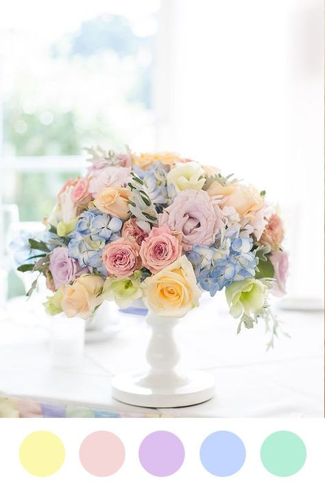 Pastel Colors Centerpieces, Pastel Rainbow Flowers, Colorful Pastel Wedding Palette, Pastel Flower Party Theme, Pastel Rainbow Flower Arrangements, Elegant Pastel Wedding, Wedding Decor Pastel Colors, Pastel Color Flower Arrangements, Pastel Centerpieces Wedding