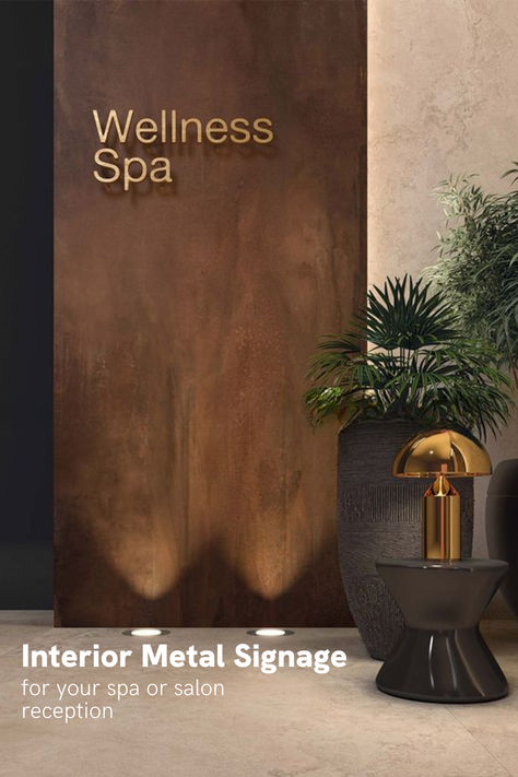 Elegant interior metal signage with 'Wellness Spa' in golden letters, presenting a promise of luxury and relaxation for a serene spa or salon reception area, enhanced by ambient lighting and lush foliage. Spa Massage Room, Massage Room Design, Home Spa Room, Spa Studio, Spa Room Decor, Spa Reception, Spa Interior Design, Metal Signage, Rustic Backdrop