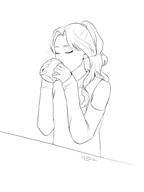 Drinking Coffee Art Reference, Girl Drink Coffee Drawing, Drinking Hot Chocolate Pose Reference, Person Drinking Coffee Drawing, Drinking Coffee Drawing Reference, Someone Drinking Reference, Drinking Coffee Reference, Drinking Coffee Sketch, Person Drinking Coffee Reference