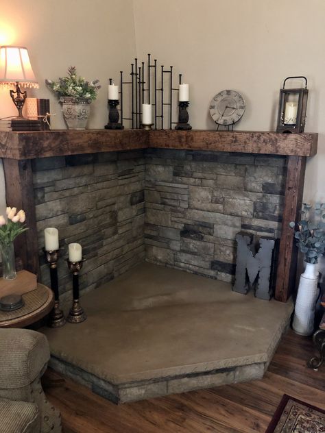 Manufactured Home Wood Stove, Rock Behind Wood Stove, Wood Stove Area Ideas, Corner Stone Hearth For Wood Stove, Wood Burning Fire Places Ideas, Corner Stove Fireplace Ideas, Pellet Stove Platform, Mantle Over Pellet Stove, Living Room With Stove Fireplace