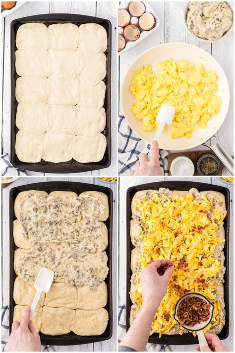 Images with instructions to make the breakfast pizza recipe. Caseys Breakfast Pizza Recipe, Breakfast Pizza With Biscuits, Biscuits And Gravy Breakfast Pizza, Pizza Dough Breakfast Recipes, Sheet Pan Breakfast Pizza, Breakfast Pizza With Biscuit Crust, Biscuit Breakfast Pizza, School Breakfast Pizza, Scrambled Eggs Breakfast