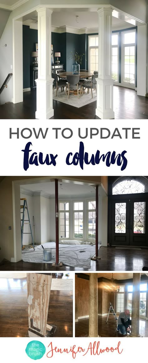 Interior Faux Columns Interior | Jennifer Allwood Home | Stuck with dated columns in your living room? In this blog post, I'm sharing how I transformed my ugly columns with painted wainscoating for a fresh, modern look. #DIY #modernfarmhouse Trim On Columns, Farmhouse Columns Interior, Dining Room Pillars, Pillars Inside House Columns, Update Pillars In Home, How To Update Columns Living Rooms, Covering Columns With Wood, How To Update Interior Pillars, Indoor Pillars Columns Interior Design