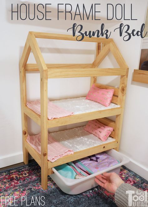 House Frame Doll Bunk Bed Plans - Her Tool Belt Basement Playhouse, Playhouse Build, Pull Out Storage, Doll Bunk Beds, Baby Doll Furniture, Bunk Bed Plans, House Frame, Baby Doll Bed, Doll Storage