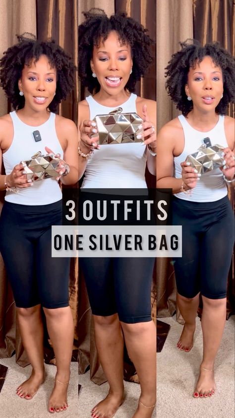 This silver bag / clutch is so cute and frankly goes with everything. 👇🏾👇🏾Click the link to see 3 different outfits you can style to go with a mirrored mettailic silver bag. From casual outfits, to a date ight outfit to a black tie affair. Silver Bag Outfit Ideas, Metallic Purse Outfit, Silver Bag Outfit Metallic, Gold Clutch Outfit, Silver Purse Outfit, Silver Shoes Outfit, Clutch Outfit, Crossbody Bag Outfit, Purse Outfit