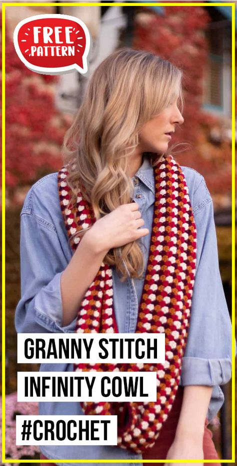 Granny Cowl Crochet, Crochet Granny Stitch, Crocheted Scarves, Granny Stripe, Infinity Cowl, Granny Stitch, Crochet Cowl Pattern, Winter Scarves, Crochet Winter