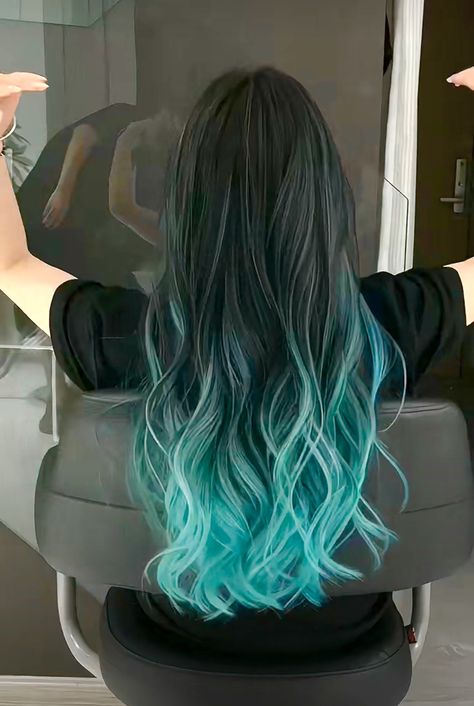 Types Of Hair Lengths, Bottom Half Dyed Hair Blue, Cute Died Hairstyles, Muichiro Inspired Hair, Blue Underside Hair, Fashion Colour Hair, Cute Hair Ideas For Prom, Black To Teal Hair, Blue To Green Hair