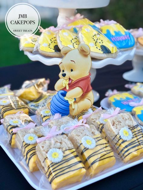 Winnie The Pooh Sweet Table Party Ideas, Pooh Two Party, Winnie The Pooh Treats Party Ideas, Rice Krispie Treats Winnie The Pooh, Winnie The Pooh Sprinkle, Winnie The Pooh Treat Table Ideas, Winnie Pooh Birthday Party Decoration, Winnie The Pooh Birthday Treats, Whinne Pooh Baby Shower Ideas