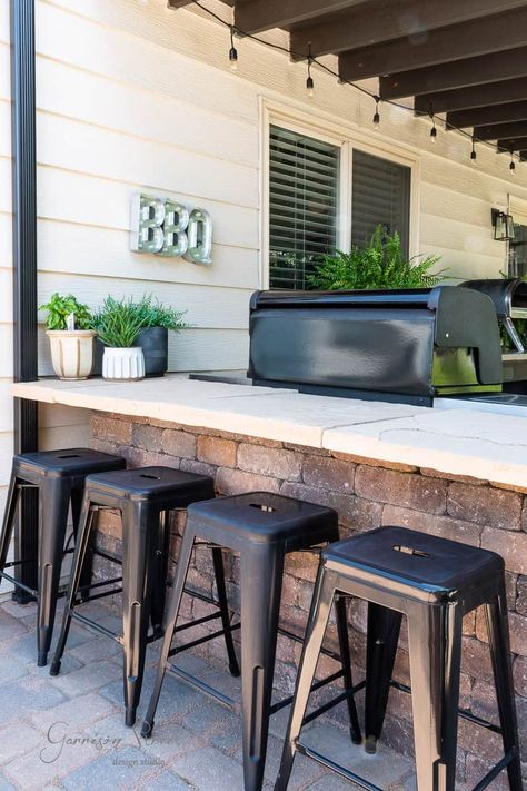 Diy Built In Traeger Grill, Backyard Bbq Area On A Budget, Outdoor Kitchen Traeger, Built In Traeger, Small Outdoor Grill Area, Smoker Outdoor Kitchen, Built In Bbq Ideas, Patio Grill Area, Outdoor Kitchen Diy On A Budget