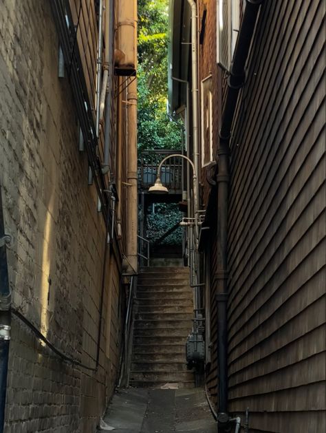 A warm alleyway in California giving new york city vibes. At the end of the alley are beautiful green plants and bushes. Paris Alleyway, Narrow Walkway, Night Alley, City Alley, Environment Model, Summer City, Nyc Summer, Rockstar Gf, Nyc Model