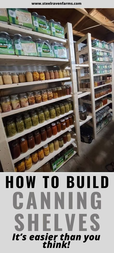 These canning shelves are so easy to build, you will be wondering why you didn't think of them sooner! Diy Canning Storage, What To Can, Storing Canned Goods, Canning Shelves, Canning Jar Storage, Diy Canning, Food Storage Rooms, Building Shelves, Canning Kitchen