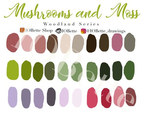 Whimsy Color Palette, Woodland Colour Palette, Woodland Palette, Woodland Room, Color Mixing Chart Acrylic, Cottage Core Room, Procreate Watercolor, Moss Color, Enchanted Forest Coloring