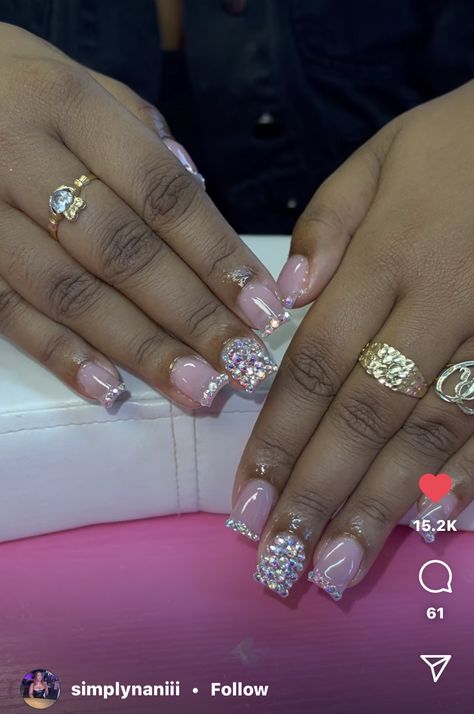 Nails Design With Diamonds, Cute Simple Nails With Gems, Natural Nails With Bling, Short Nail Designs With Gems, Gemstone French Tip Nails, Diamond Tip Nails, Rhinestone Short Nails, Nail Bling Designs Rhinestones, Short Acrylic Nails With Rhinestones