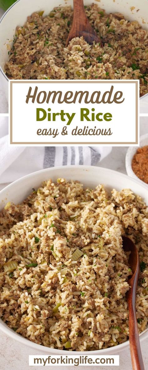 Dirty rice is a classic side dish that's easy to make and sure to have guests reaching for seconds! Rice is combined with loads of seasoning, sauteed veggies, and sausage for the ultimate combinations of flavor. It comes together quickly & easily. Sauteed Rice Recipes, Dirty Rice Recipe Easy No Meat, Dirty Rice Seasoning Recipe, Zatarains Dirty Rice Recipe, Homemade Dirty Rice With Ground Beef, Southern Dirty Rice Recipe, How To Make Dirty Rice, Rice Dressing Cajun, Rice Dressing Louisiana